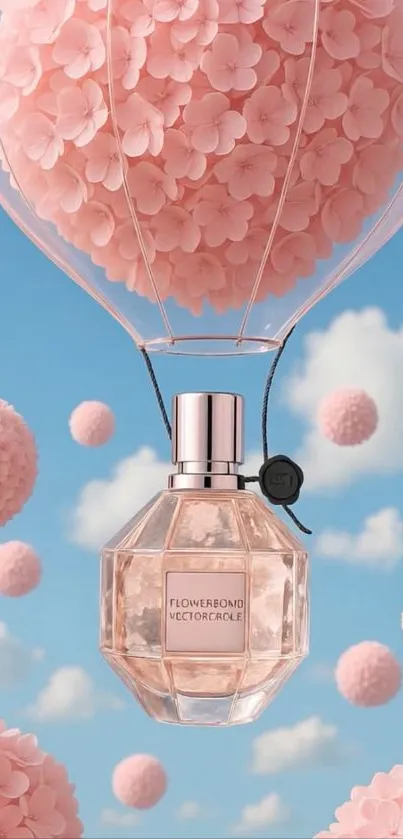 Perfume bottle balloon with pink flowers against blue sky.