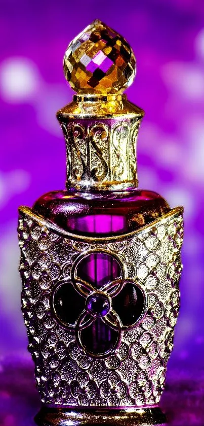 Ornate perfume bottle on purple background, elegant and luxurious design.