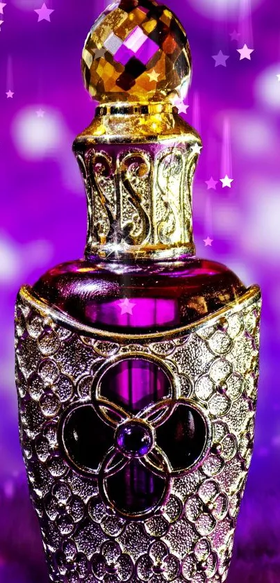 Elegant gold and purple perfume bottle wallpaper.