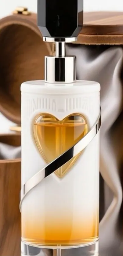 Elegant perfume bottle with heart design and wooden case background.