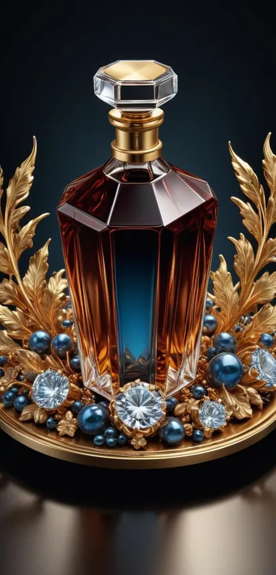 Luxurious perfume bottle with gold and blue decorations.