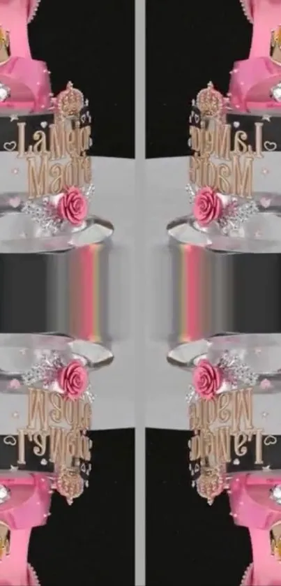 Mirrored perfume bottle design with pink accents.