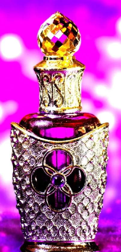 Intricate gold perfume bottle with purple bokeh background.