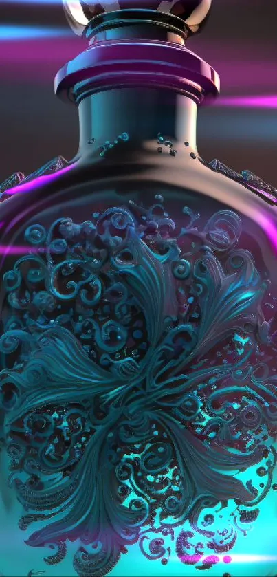 Intricate teal and purple perfume bottle wallpaper design.