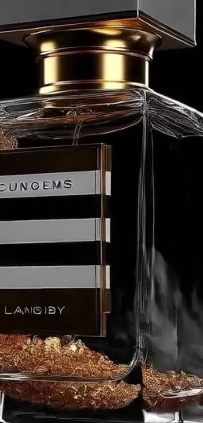 Luxury perfume bottle with gold accent and black background.