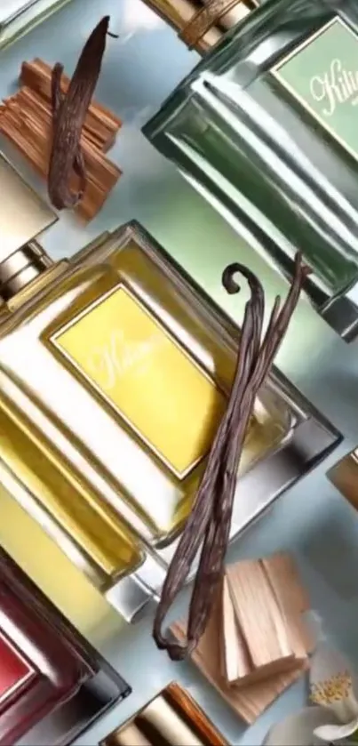 Artistic layout of various colorful perfume bottles.