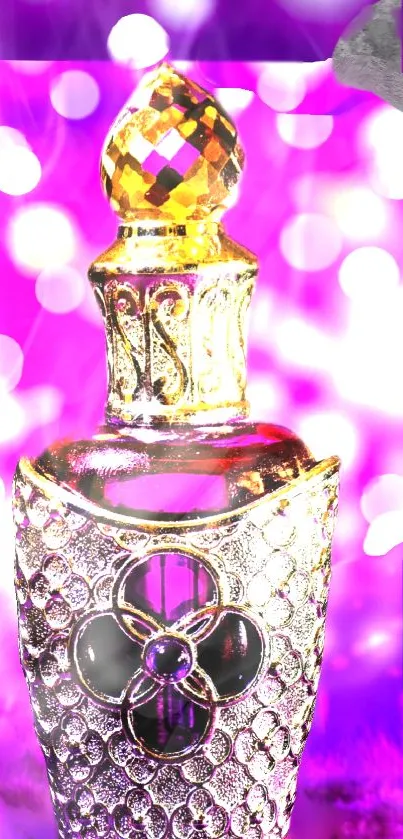 Luxurious perfume bottle with purple bokeh background.