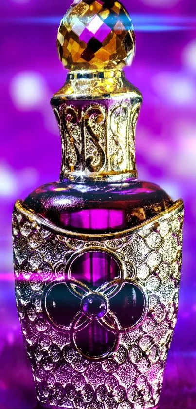 Elegant perfume bottle with gold and purple design on a vibrant purple background.