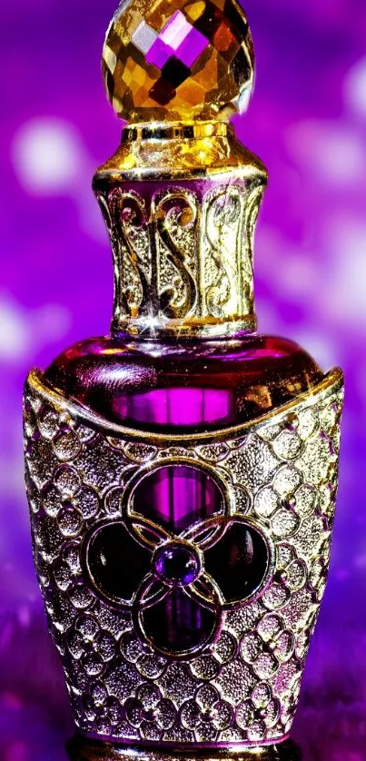 Purple and gold ornate perfume bottle on vibrant background.