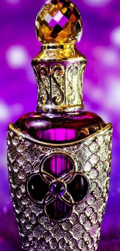 Elegant perfume bottle with gold accents on a purple background.