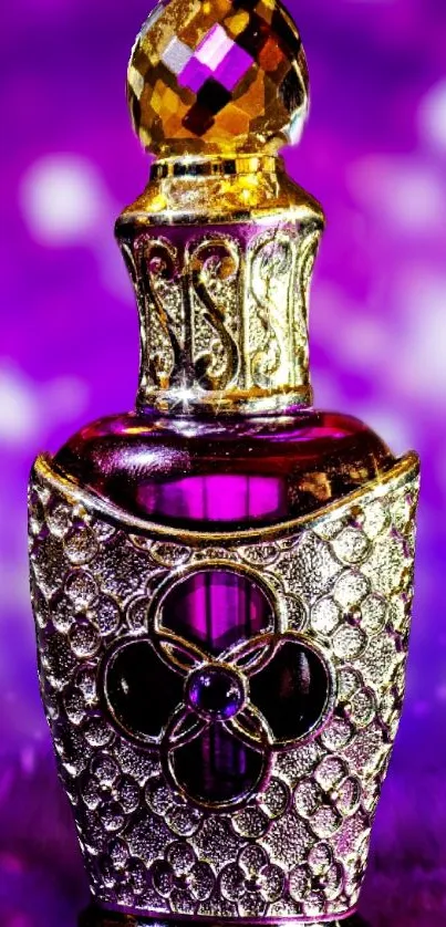 Luxurious purple perfume bottle with gold details against a blurred purple background.