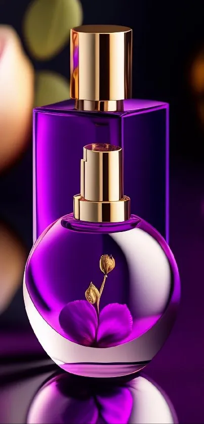 Elegant purple perfume bottle with a floral touch and reflections.
