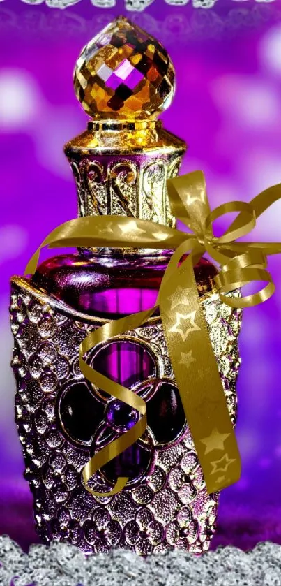 Elegant gold and purple perfume bottle with intricate design.