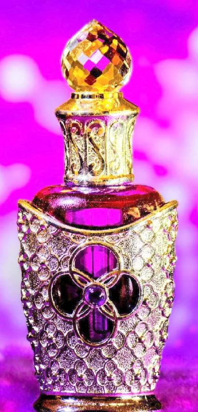 Elegant perfume bottle with purple backdrop and intricate design.