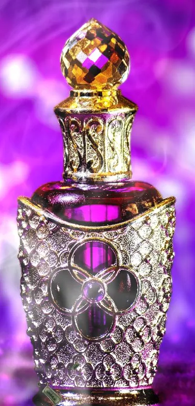 Elegant ornate perfume bottle with purple hues and decorative details.