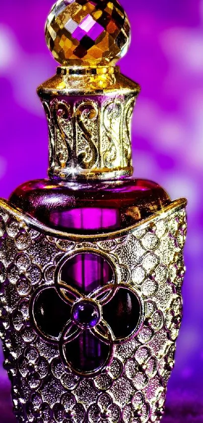 Ornate gold and purple perfume bottle on a vibrant background.