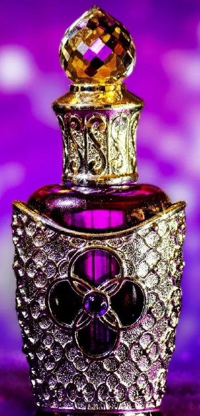 Elegant purple perfume bottle with golden accents on a vibrant background.