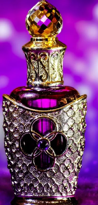 Purple perfume bottle with silver details on vibrant purple background.