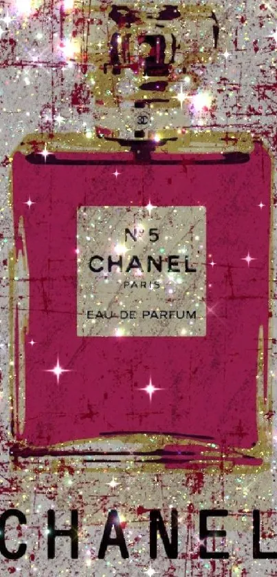 Pink Chanel perfume bottle wallpaper with glitter accents.