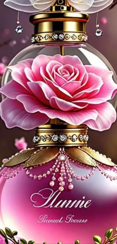 Elegant perfume bottle with pink rose digital art wallpaper.