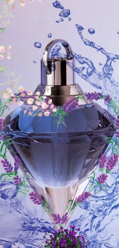 Elegant crystal perfume bottle with floral accents and water splash.