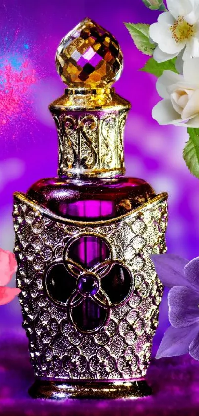 Purple wallpaper with perfume bottle and flowers, elegant and vibrant design.