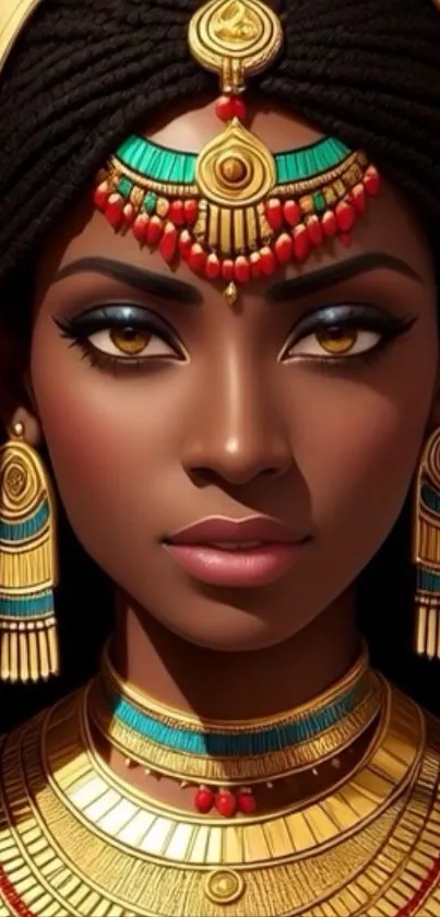 Regal Egyptian figure with golden jewelry