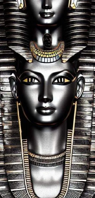 Intricate pharaoh sculpture with metallic accents in a striking mobile wallpaper.