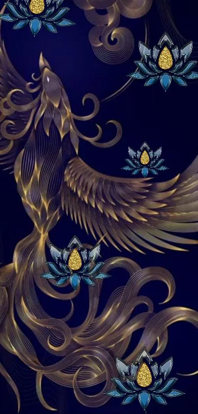 Elegant phoenix with lotus flowers on navy background.