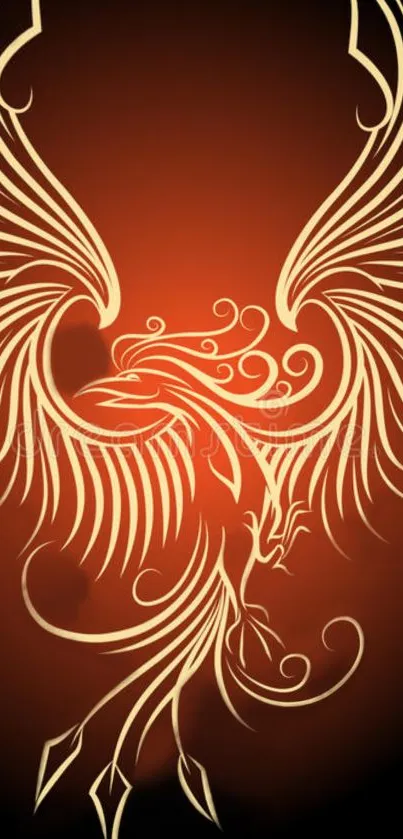 Golden phoenix art on dark red background.