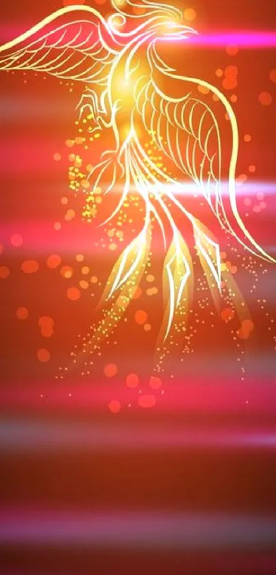 Glowing phoenix on deep red background with vivid fiery accents.