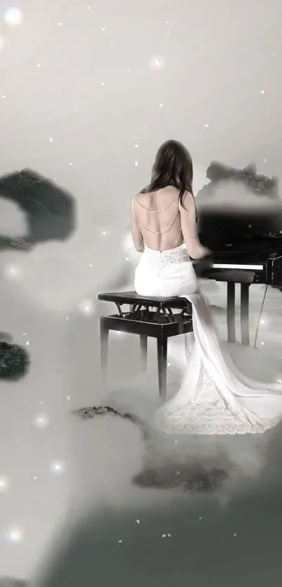 Woman in white dress playing piano in mist.