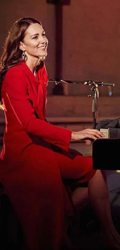 Elegant woman in red dress playing piano on stage.