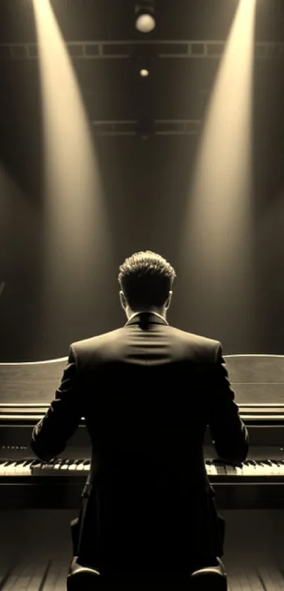 Elegant pianist performing under dramatic stage lighting.