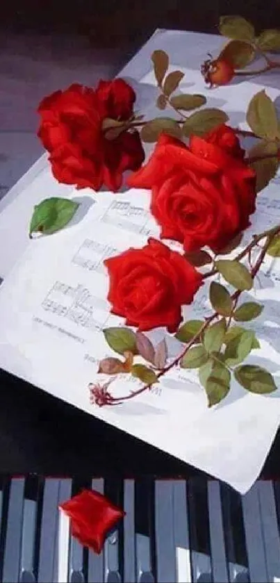 Elegant wallpaper with red roses on piano keys.