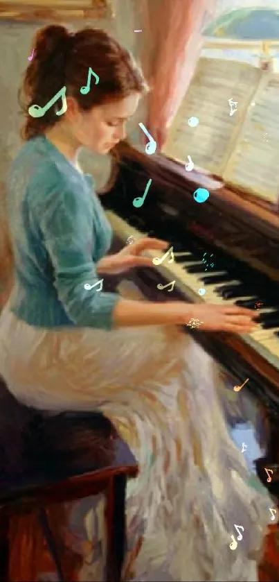 Artistic wallpaper of a woman playing piano.