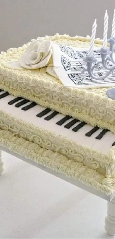 Piano-shaped cake with musical notes and cream design.