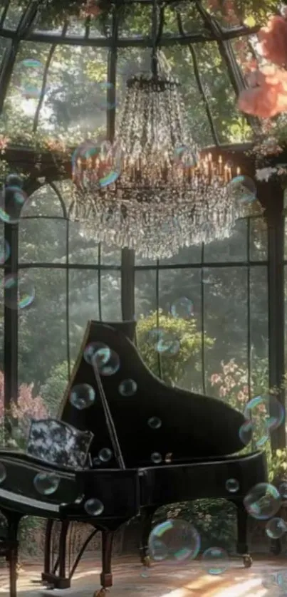 Elegant grand piano under chandelier in a lush glasshouse setting with bubbles.