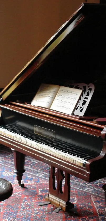 A grand piano in an elegant, vintage-decor room with burgundy tones.