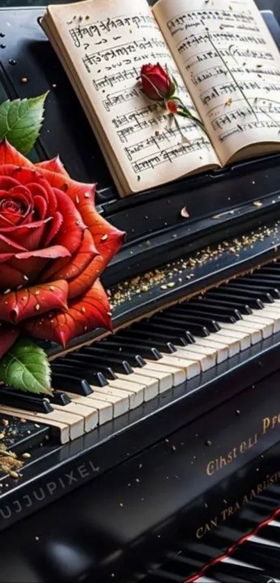 A red rose resting on a piano with open music sheets.