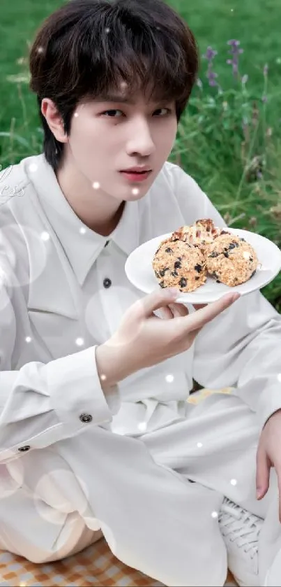 Elegant portrait with cookies outdoors in nature.