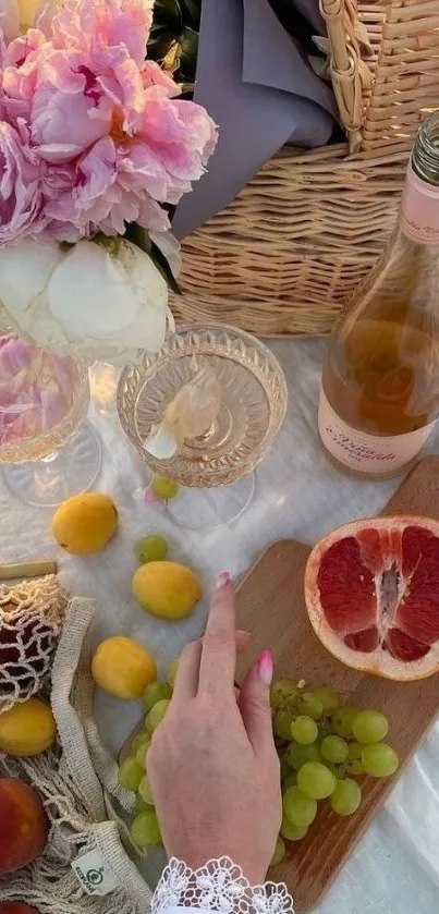 A serene picnic setup with fruits, flowers, and wine.