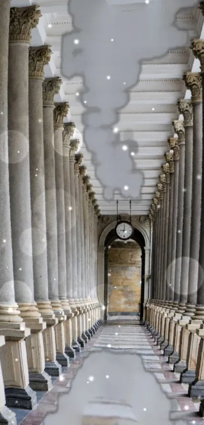 Elegant corridor with gray pillars and arches.