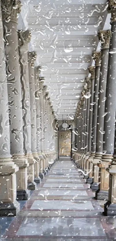 Grand corridor with columns and snow effects, elegant wallpaper.