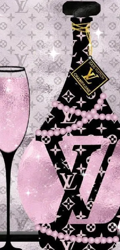 Pink and black wallpaper with champagne and glass design.