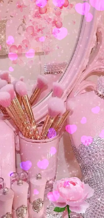 Pink aesthetic wallpaper with makeup brushes and elegant decor.