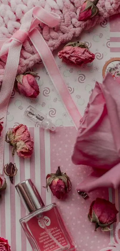 Pink aesthetic wallpaper with roses and ribbons.