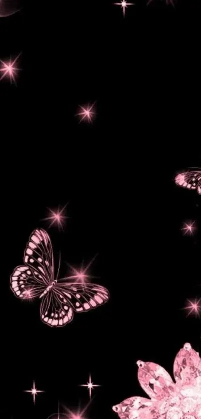 Pink butterfly and floral wallpaper on black background with sparkling stars.