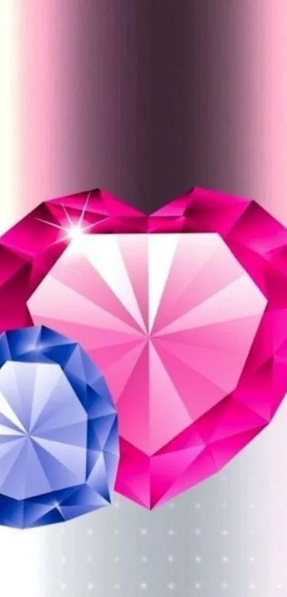 Pink and blue heart-shaped gems on metallic background.