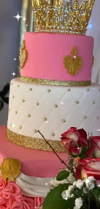 Pink and gold tiered cake with roses, perfect for wallpaper.